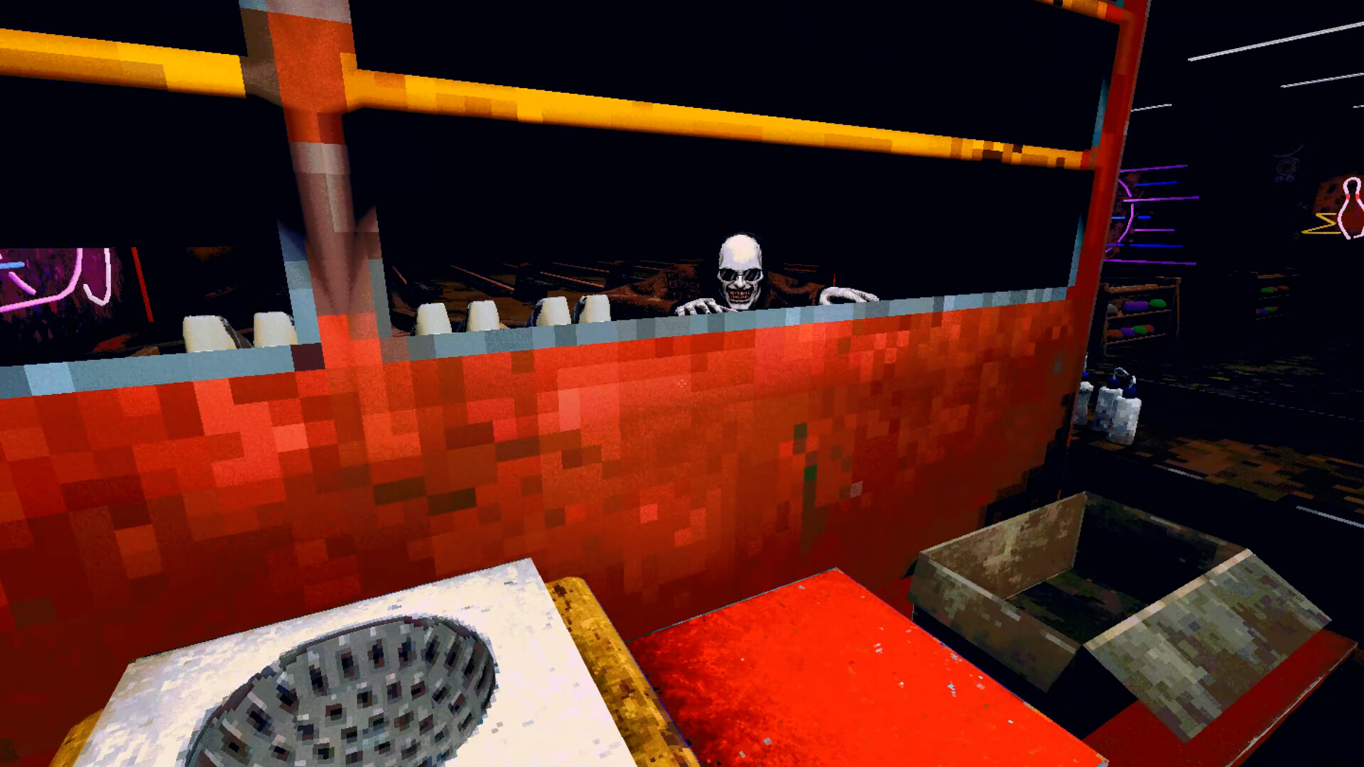 the Skin Stapler stalks his victim from behind a room divider