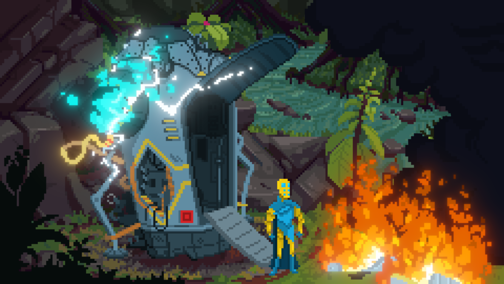 Theropods -The Traveller exiting their crashed escape pod in a fiery jungle