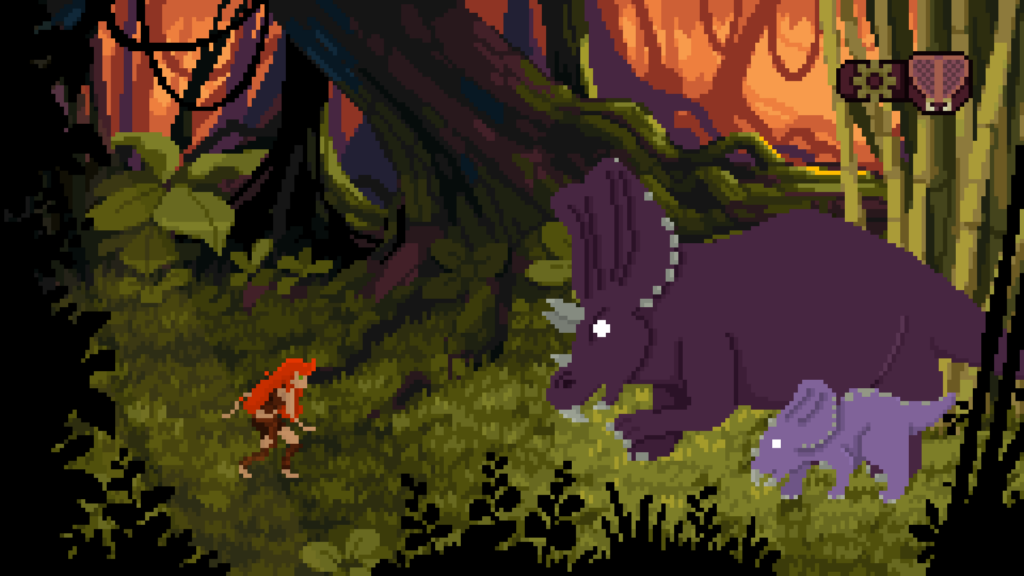 Theropods - the Huntress Sneaks up to a triceratops and their calf in a jungle