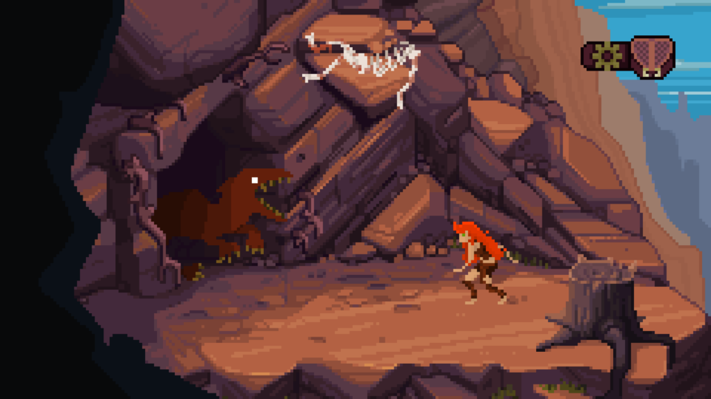 the Huntress is on a rocky ledge facing a cave opening in a ready stance, a dinosaur is defending the cave. a skeleton is seen above the cave