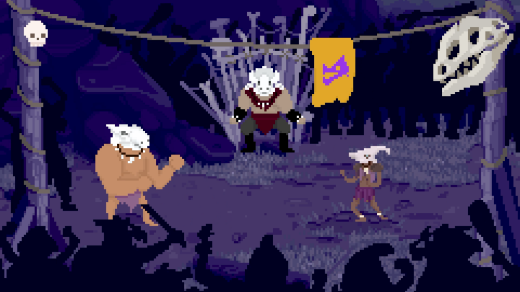 Two Barbarians fight in a display for their chieftain, a silhouetted crowd can be seen
