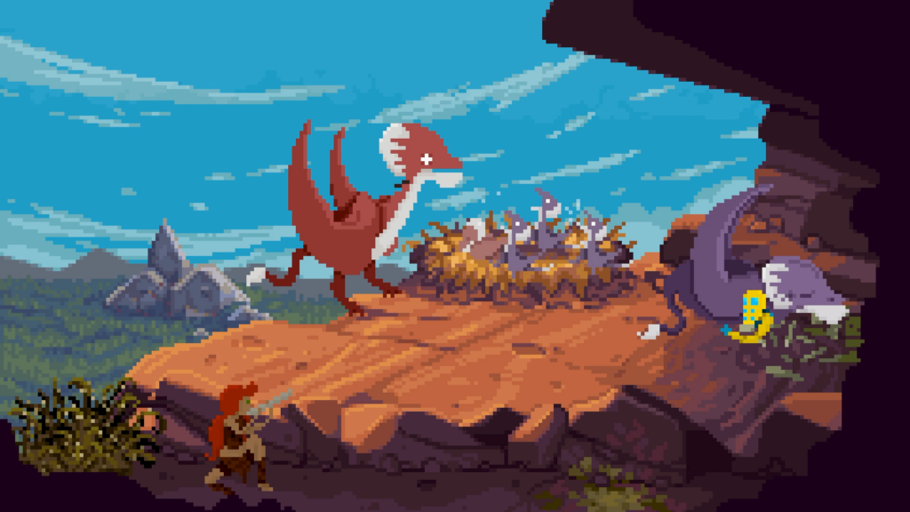 Up a mountain and at a winged dinosaurs nest, the Huntress sneaks behind some rocks while the traveller is stuck under the corpse of a dinosaur while the winged dinosaur feed her children