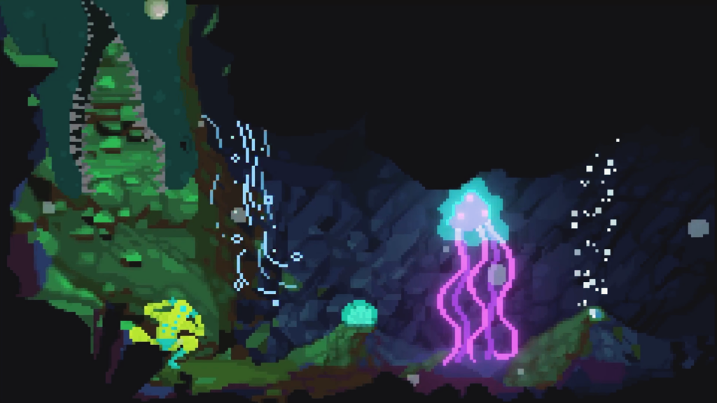 Theropods - The Traveller in an underwater cave ducks from a large creature reaching down from an opening above, a jellyfish can also be seen