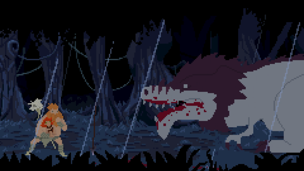 In a flashback memory the huntresses father rescues her from a large T-rex
