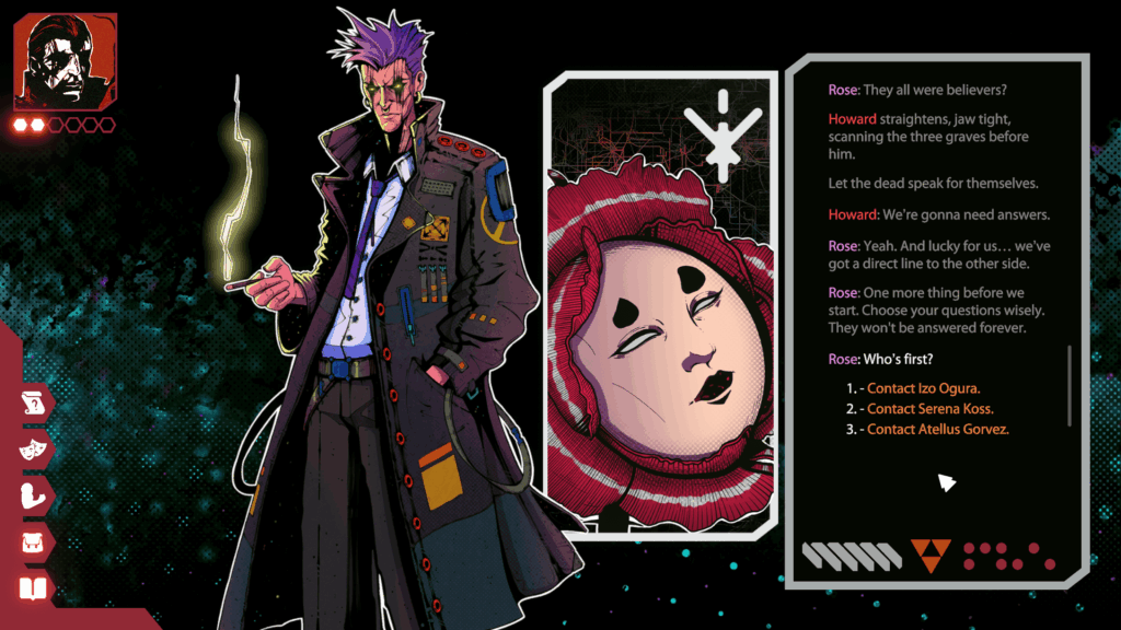 Character art of old punk rocker Howard speaking to Rose, a flower with a face. Text box on the right side. Celestial Return.
