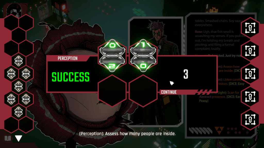 Dice UI. Two D4 dice in centre. Inventory on either side. Successful roll. Celestial Return.