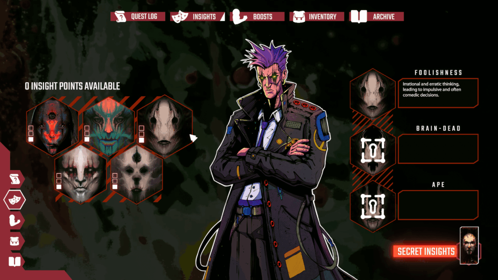 Character art of Howard next to the insights character art in the insight menu. each insight is an abstract face. Celestial Return.