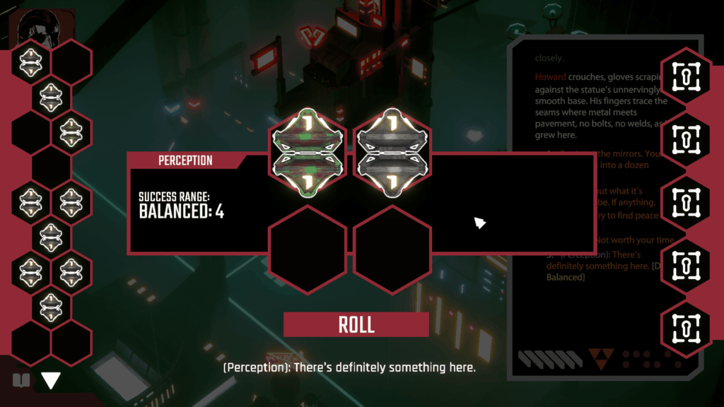 Dice UI. Two D4 dice in the centre. Inventory on either side. Celestial Return.