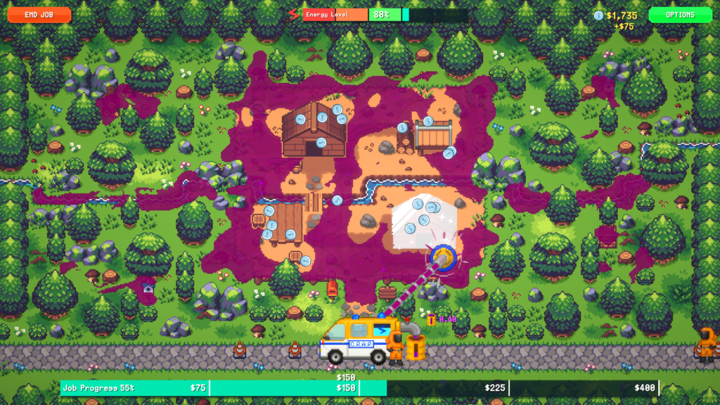 A Sludgineers level as the hose sucks purple goo from a building