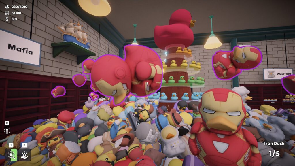 Sort Them Ducks - a room with lots of empty shelves as iron man inspired ducks float in the air