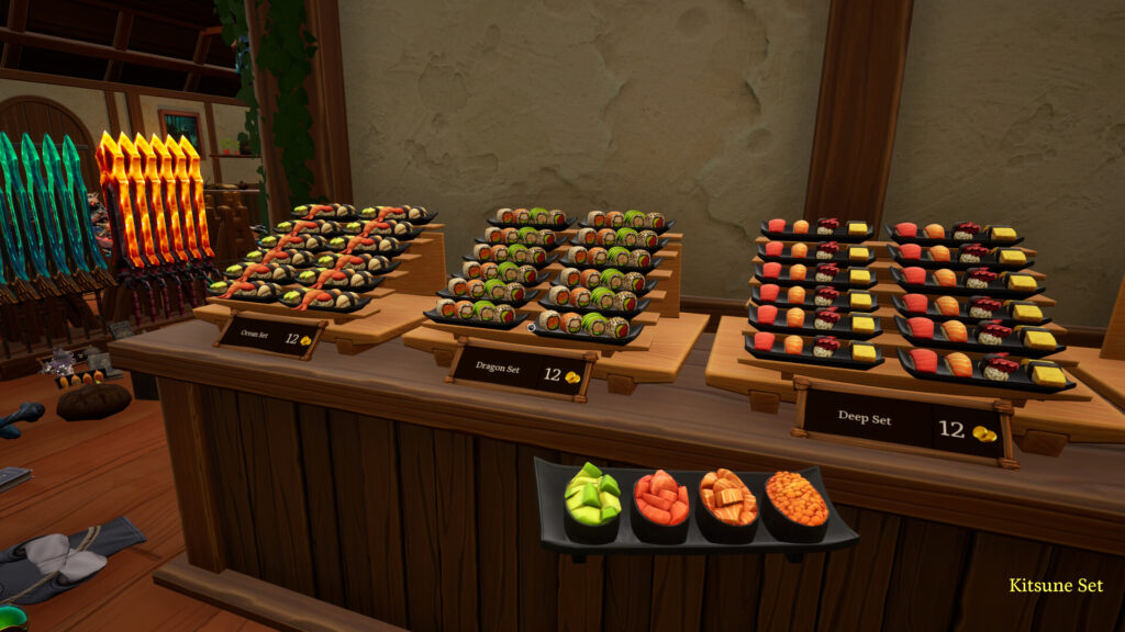 A nice and tidy shelf with sushi on it
