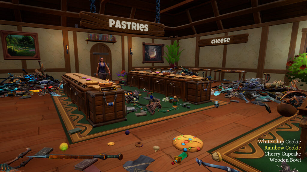 the shop in tidy up together with a large pile of disorganised merchandise showing the pastries and cheese section