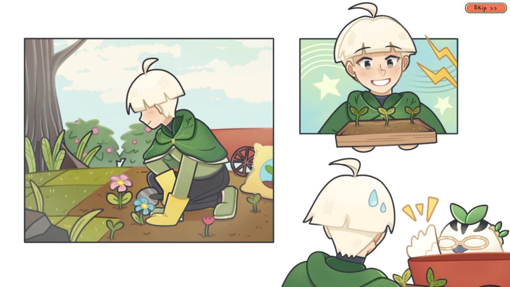 A cartoon child in a green cloak and yellow gloves bends down to look at some flowers until an owl waves for his attention.