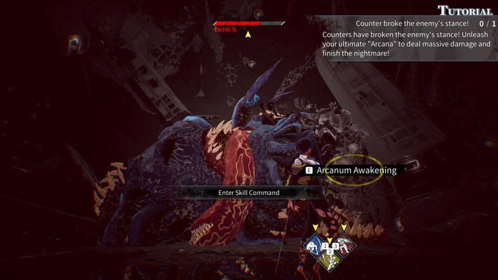 qliphah in providences shadow - during battle the main character is standing in the foreground and the boss creature is knocked down in the background. a tutorial explains that an Arcanum Awakening can be triggered with a button press