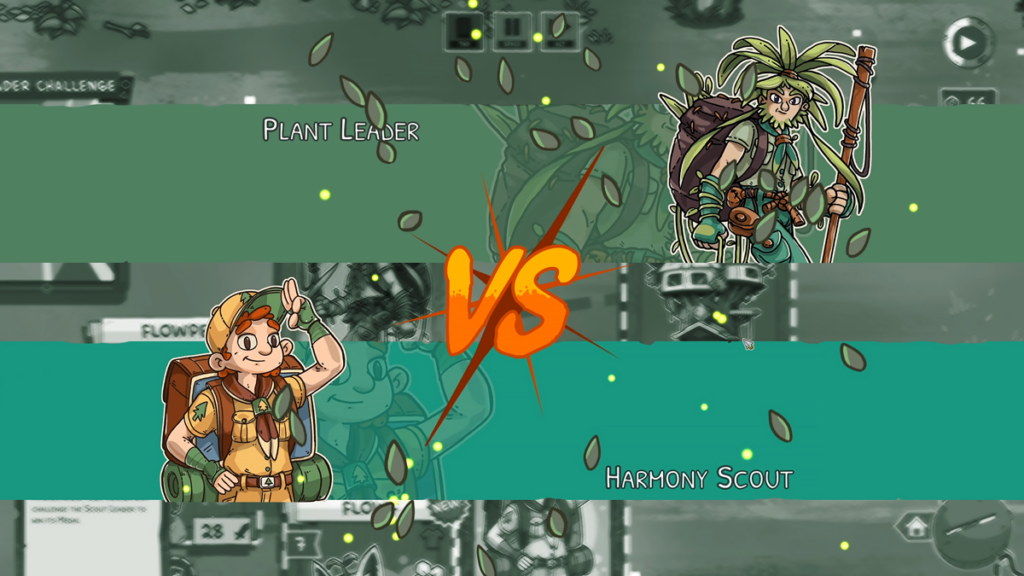The battle screen from Stackmon as you challenge the Plant leader with Vs between the avatars