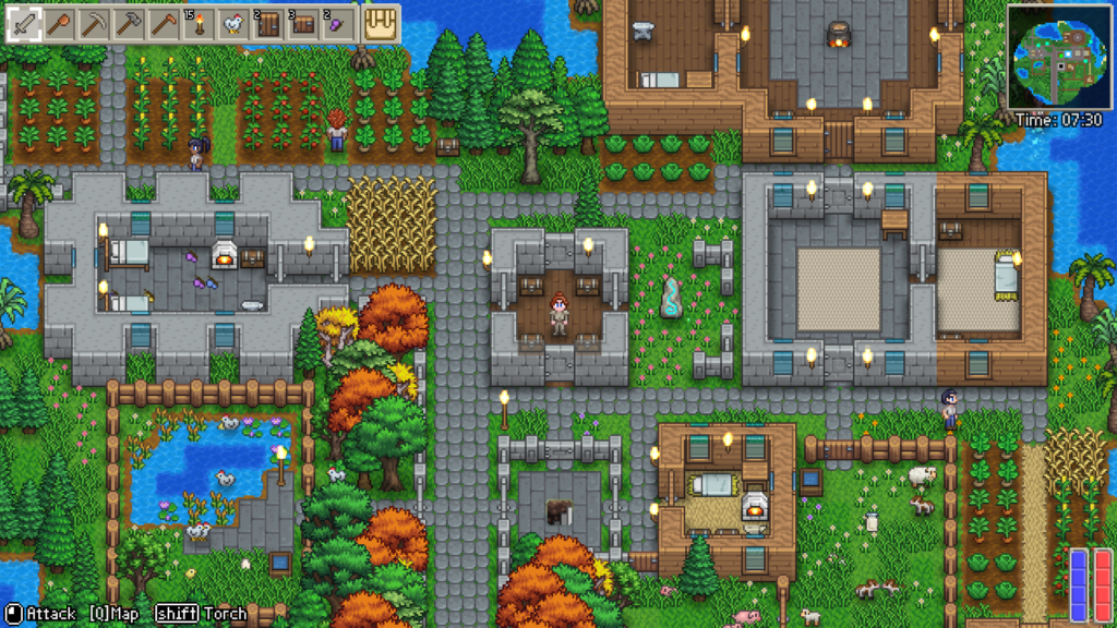 A screenshot from Delverium, a 2.5d pixel landscape with lots of small buildings.