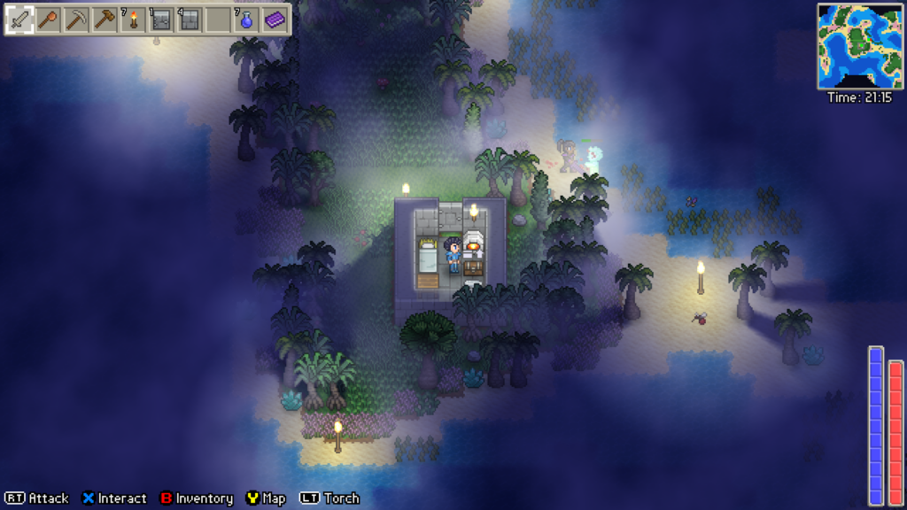 A screenshot from Delverium, a 2.5d pixel landscape at night as the player sits in their tiny home.