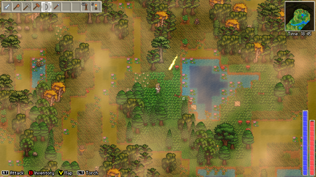 A screenshot from Delverium, a 2.5d pixel landscape with a yellowish hue