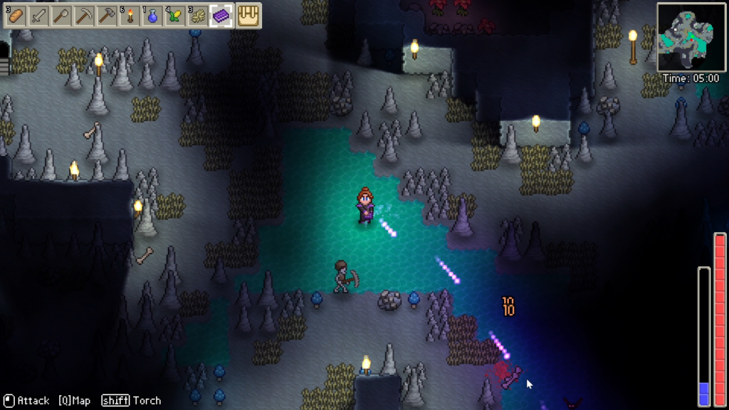 A screenshot from Delverium, a 2.5d pixel landscape in the mines with lots of monsters attacking