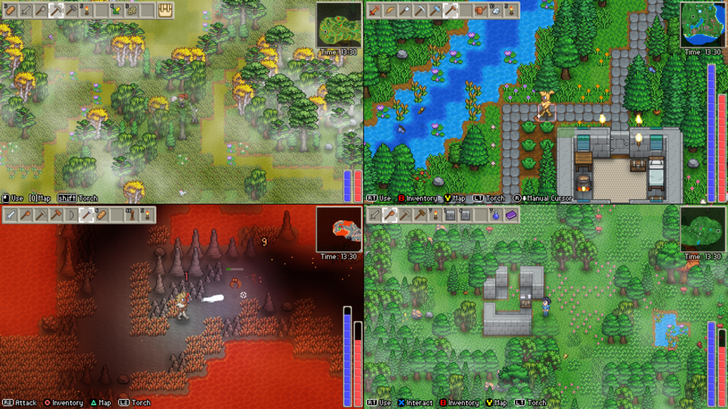 A 4 way screenshot from Delverium, a 2.5d pixel landscape in different biomes