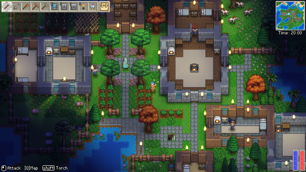 A screenshot from Delverium, a 2.5d pixel landscape wit several buildings and vegetables and farm animals in the surrounding areas.