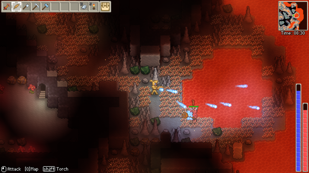 A screenshot from Delverium, a 2.5d pixel landscape in a mine with lava