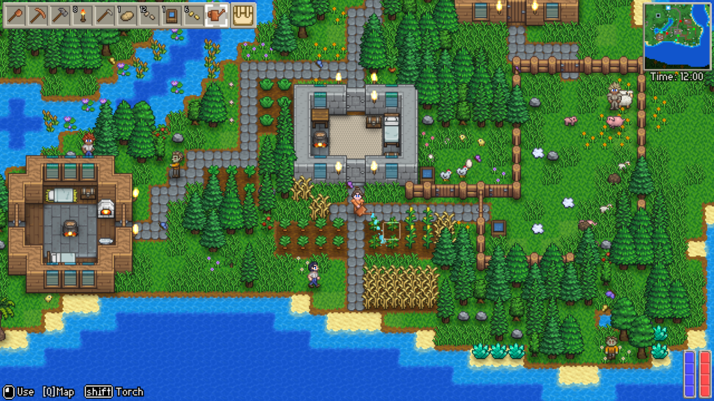 A screenshot from Delverium, a 2.5d pixel landscape with lots of buildings in a green landscape
