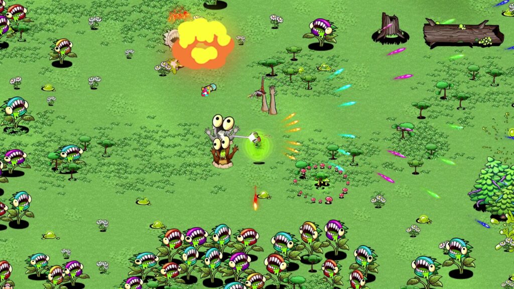 on the forest level, the player shoot laser, spines and radiates green while the enemies have large googly eyes on them. the effect of the mushroom pickup.