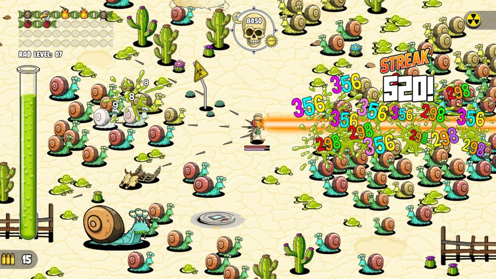 the desert level the player is simultaneously shooting a death beam from his mouth while spines shoot out his back. Swarms of three eyed snails surround the player