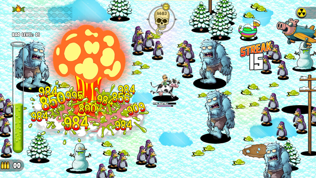 the ice level. the player rides a two headed cow while surrounded by penguins and yeti like creatures