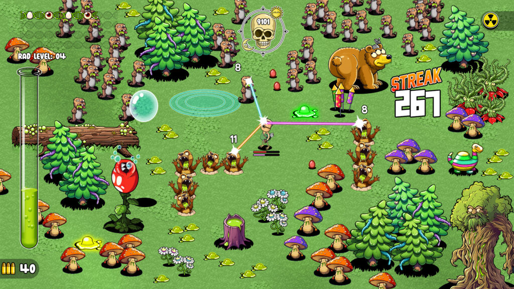 ground zero hero - the forest level, toxic beavers and sentient mushrooms swarm the player. while the player shoots beams from their forehead