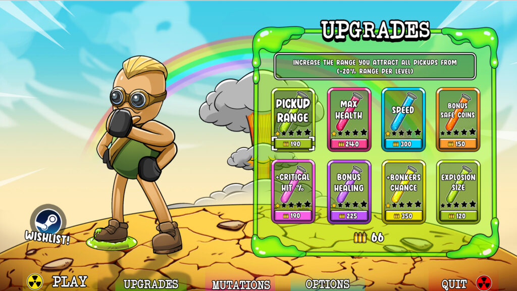 the upgrade screen where you spend gold to give yourself permanent upgrades to health, speed, pickup range etc