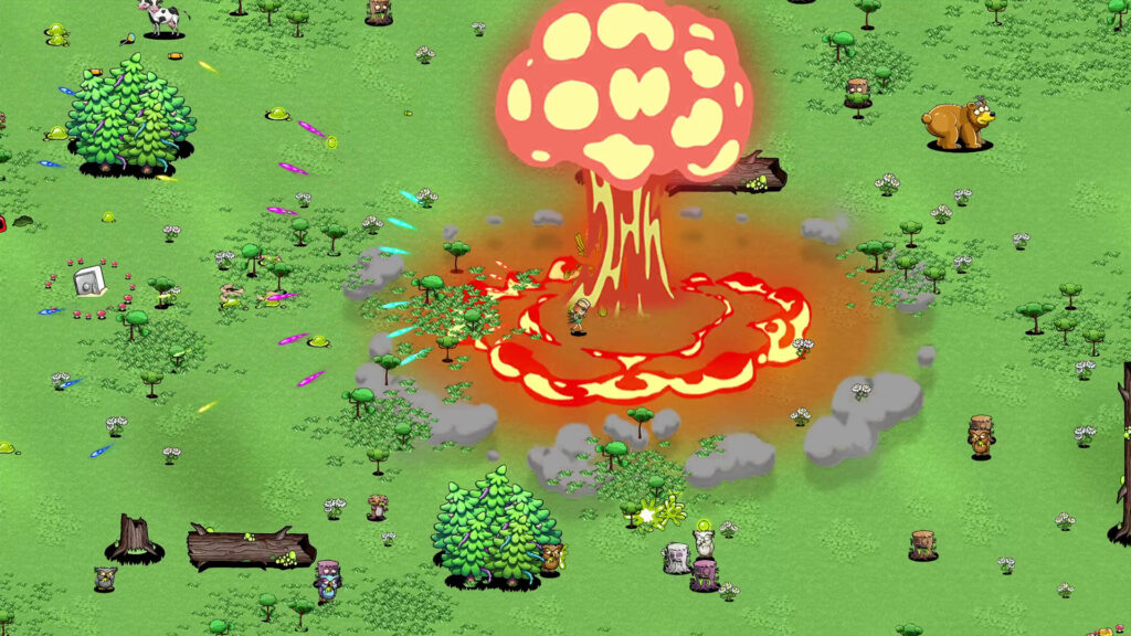 an explosion paired with a mushroom cloud in the forest level