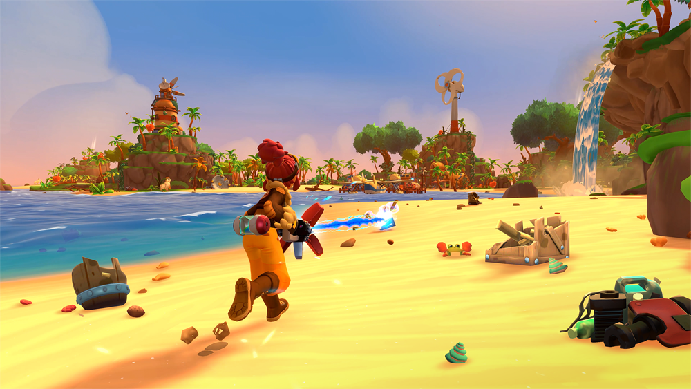 Using the swirler tool on a bright colourful beach to suck up items
