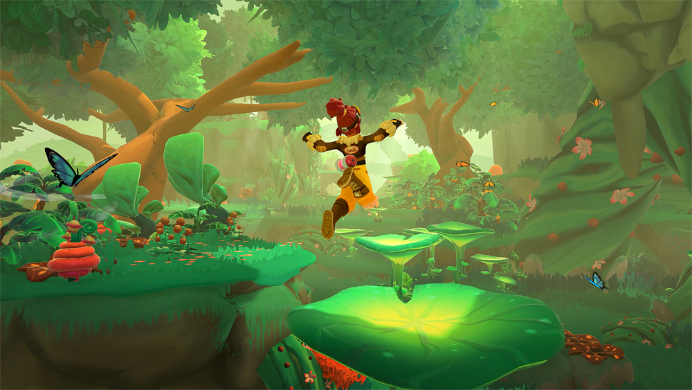 Your avatar jumping through a jungle terrain in Lou's Lagoon