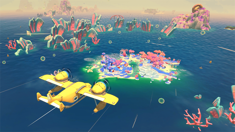 A Wide shot in Lou’s Lagoon as a plane comes into landing on an island with blue grass and pink trees