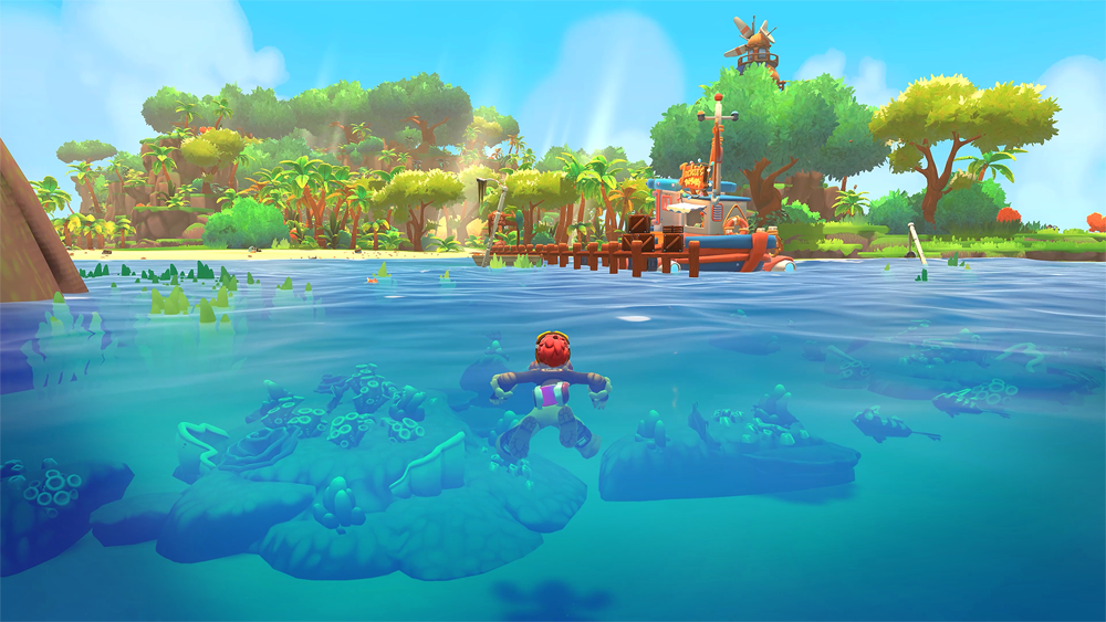 Your avatar in the sea of Lou's Lagoon looking onto a colourful green island with a boat at the pier