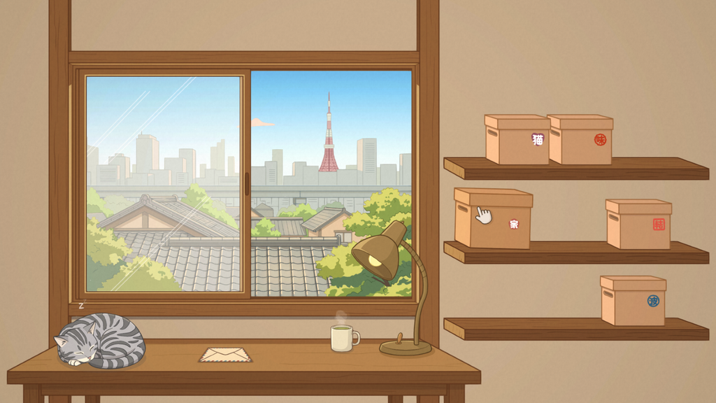 An office scene from The Sorting Bureau with a desk under the window and wall shelves to the right side.