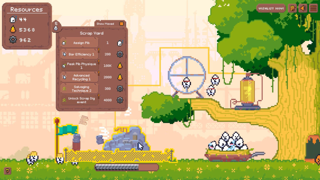 A view of the scrap menu and the electric wheel. The landscape is made of bright coloured pixel art