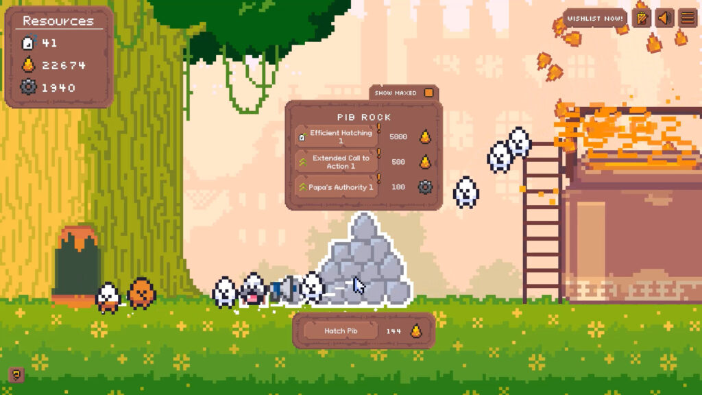 The hatching station of pibcremental as papa hatches the babies. The landscape is made of bright coloured pixel art