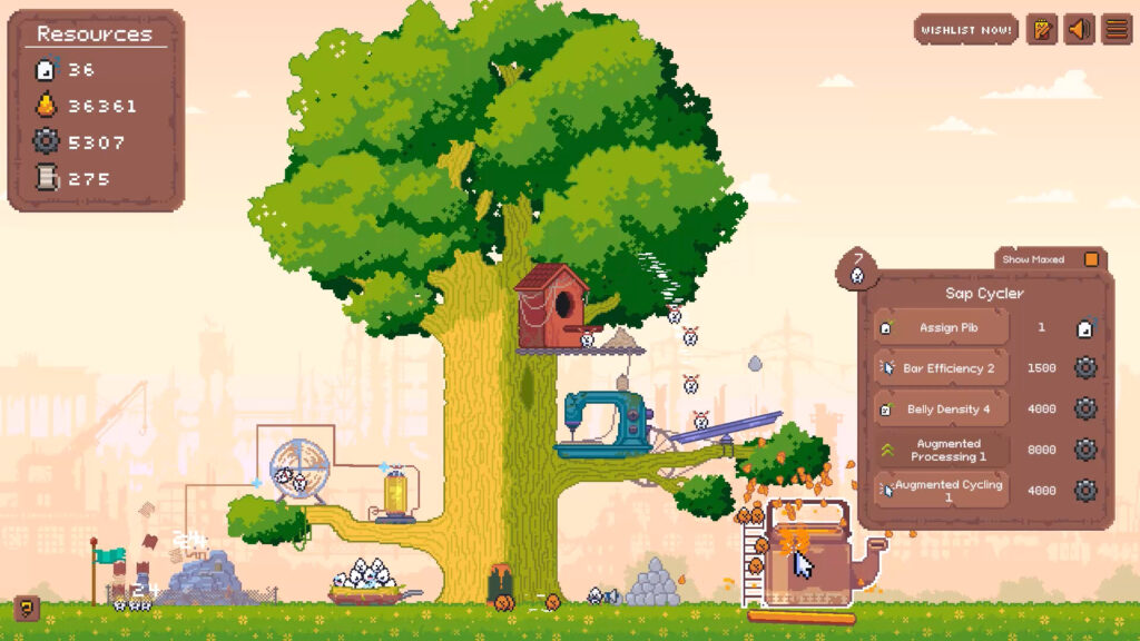 A zoomed out view of the tree in an early stage. It's very colourful and the tree is in the middle with things stationed on the branches.
