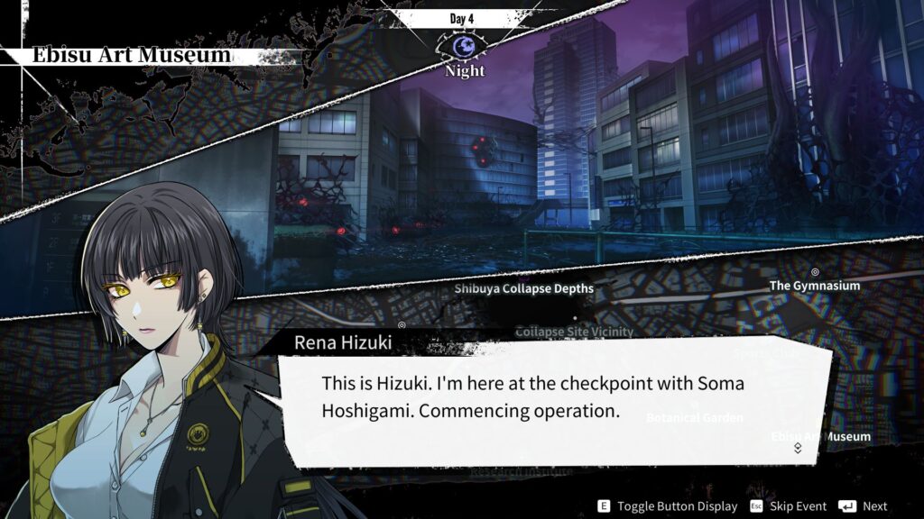 the story screen shows the character bottom left with their speech showing to their right. a picture of buildings overgrown with an unknown corruption is shown behind