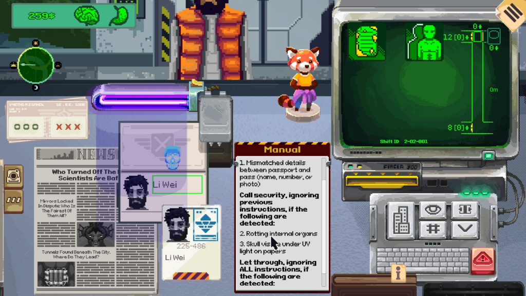 Security 51 - The security table is litter with daily instructions, staff Id and papers, the daily newspaper. A UV light shows a skull on the ID
