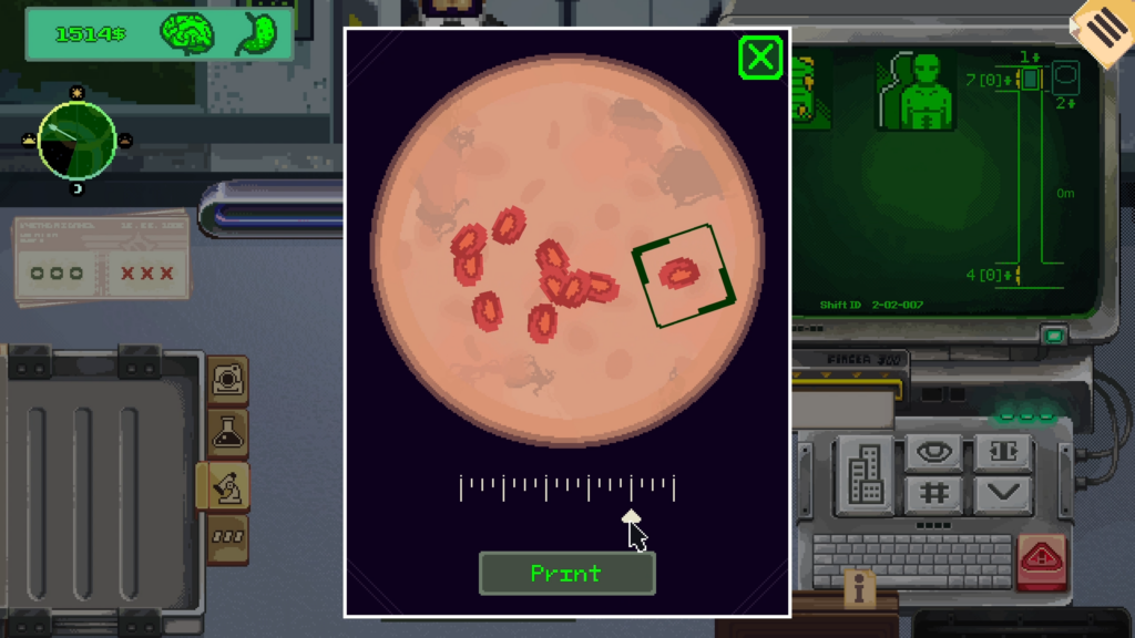 checking a visitors bloodwork through a microscope