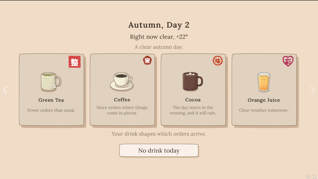 A multi choice scene where you can pick from four drinks that explain how your choice will affect your sorting day.