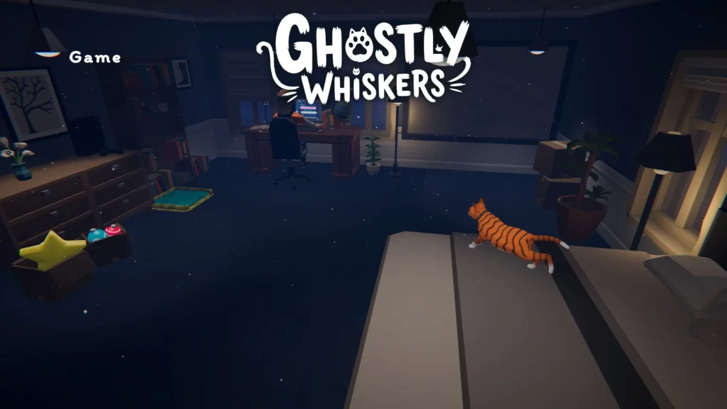 The Ghostly Whiskers logo over a home setting with a cat running over a simplistic 3d bed