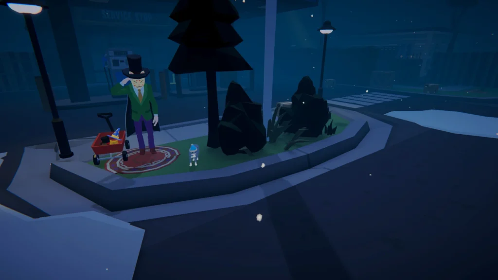 The hat seller in Ghostly Whiskers , a creepy man in a top hat and cat face mask