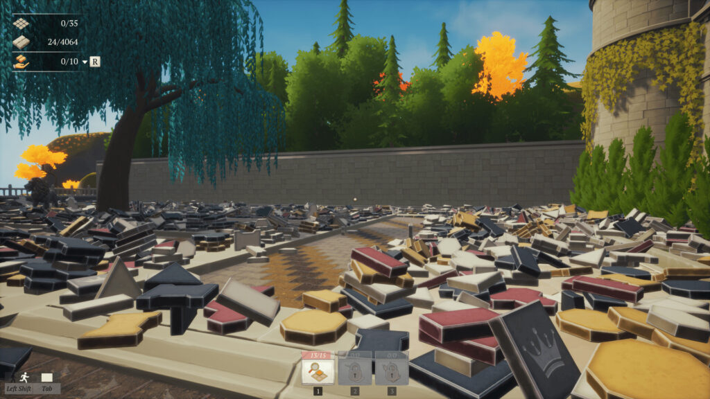 A courtyard with pavers piled in random unsorted groups. Set in front of a castle in paver tidy up together