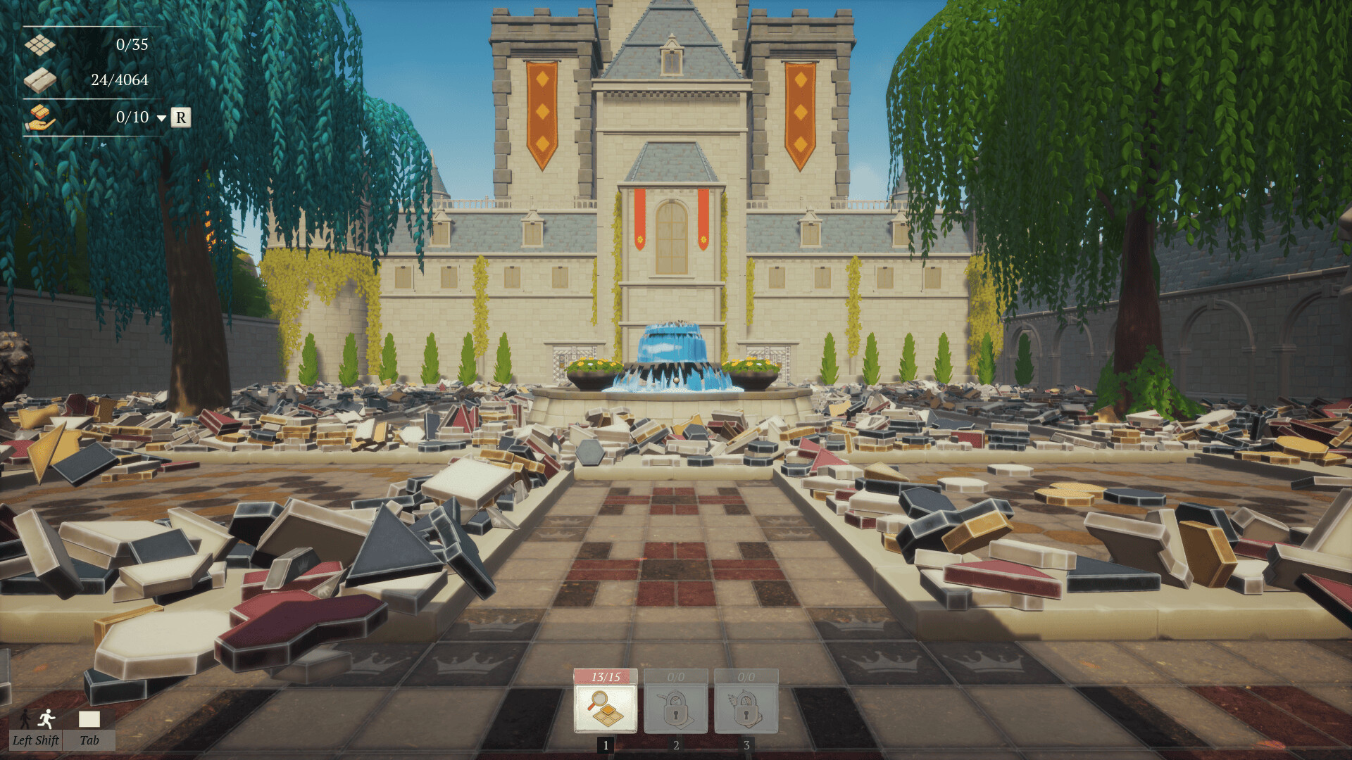 A courtyard with pavers piled in random unsorted groups. Set in front of a castle in paver tidy up together.
