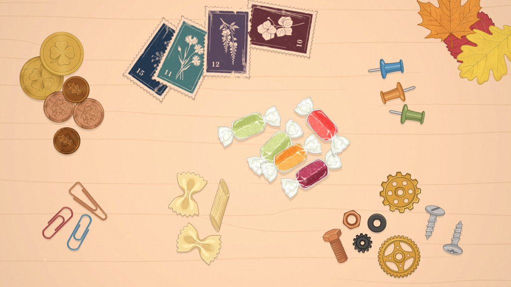 A scene from The Sorting Bureau with pre-sorted piles of coins, stamps, paper clips, sweets and other items.